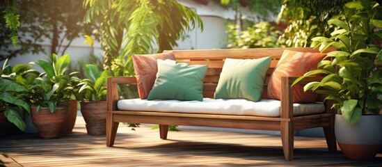 A wooden bench is situated in an outdoor space surrounded by various potted plants. The bench provides a spot for relaxation and enjoying the greenery.