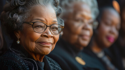 Funeral concept. Portrait of an senior African woman wearing black clothing. Elderly widow woman