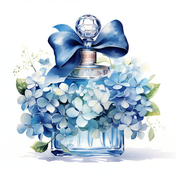 recommend clip art: Watercolor Perfume with Blue Hydrangea Flowers Illustration. Luxury Perfume Bottle with Ribbon Bow Flower Clip Art. Spring and Summer Floral. Isolated On White Background.