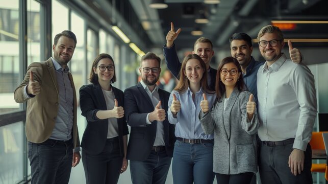 Group of happy business people showing sign of success. Successful business team showing thumbs up and looking at camera.