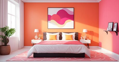 A sleek bedroom design featuring an elegant black bed complemented by orange accents and a striking abstract wall painting. The bold coral walls enhance the room's dynamic and artistic flair.