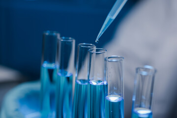 Many test tubes were analyzed by experts, A researcher is carefully studying the liquid contained in a test tube because it is an important area of research.