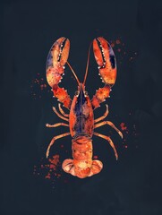 A realistic painting of a lobster depicted on a deep black background, showcasing the intricate details of the crustacean.