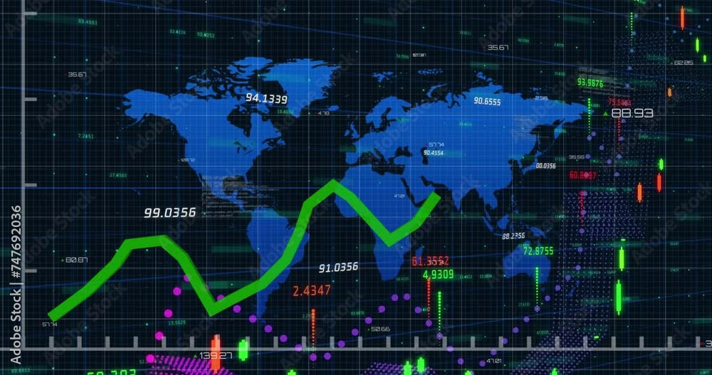 Poster Animation of financial data processing over world map on black background