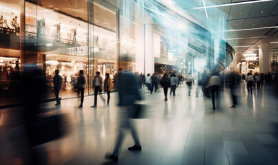 Urban Rush: Blurred Motion of Busy Businessmen Walking in Modern City Corridor