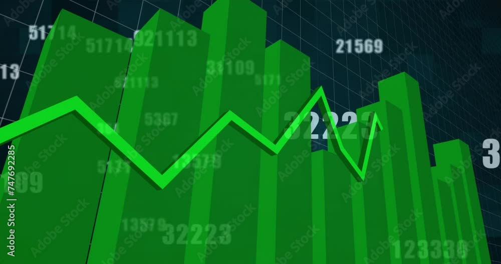 Aufkleber animation of financial data processing over grid on black background
