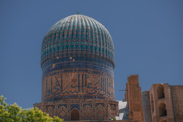 Close up on beautiful dome of Bibi-Khanym Mosque in Samarkand, Uzbekistan