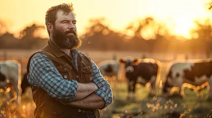Fotobehang Contemplative bearded farmer with arms crossed, looking into the distance on a cattle farm at sunset. © Kowit