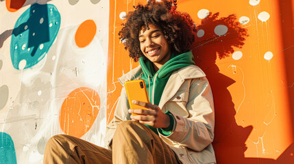 A cheerful young person with curly hair using a smartphone, sitting against a vibrant graffiti wall...