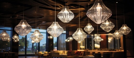 A room with numerous lights hanging from the ceiling, creating a dazzling display of illumination. The lights vary in shape, size, and color, casting a warm glow throughout the space.