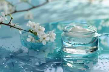 Facial skin medication skin care cream. Skincare treatment products: lying lotion, skincare care gel, oil, pipette with cute serum and salon jar pot