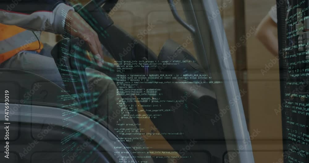 Aufkleber animation of data processing over man in forklift working in warehouse