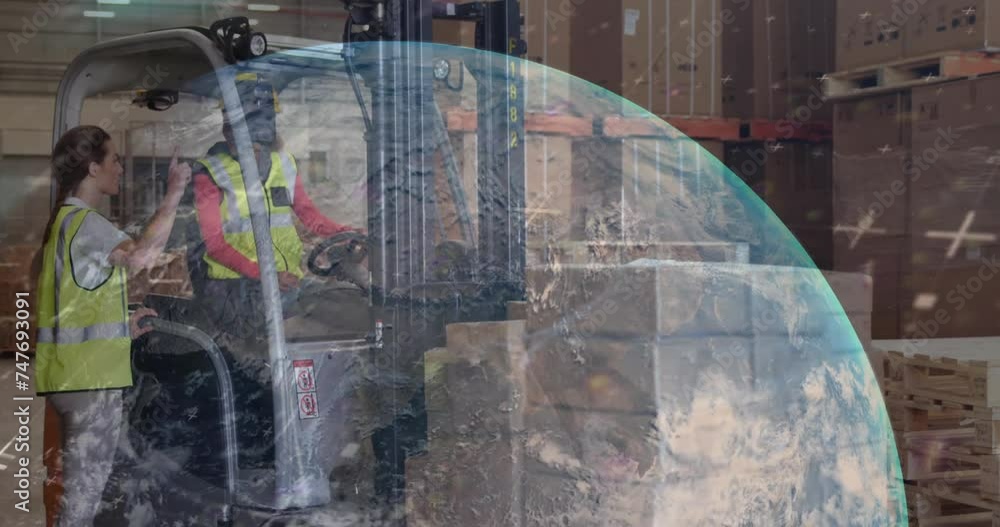 Aufkleber animation of globe and data processing over diverse people working in warehouse