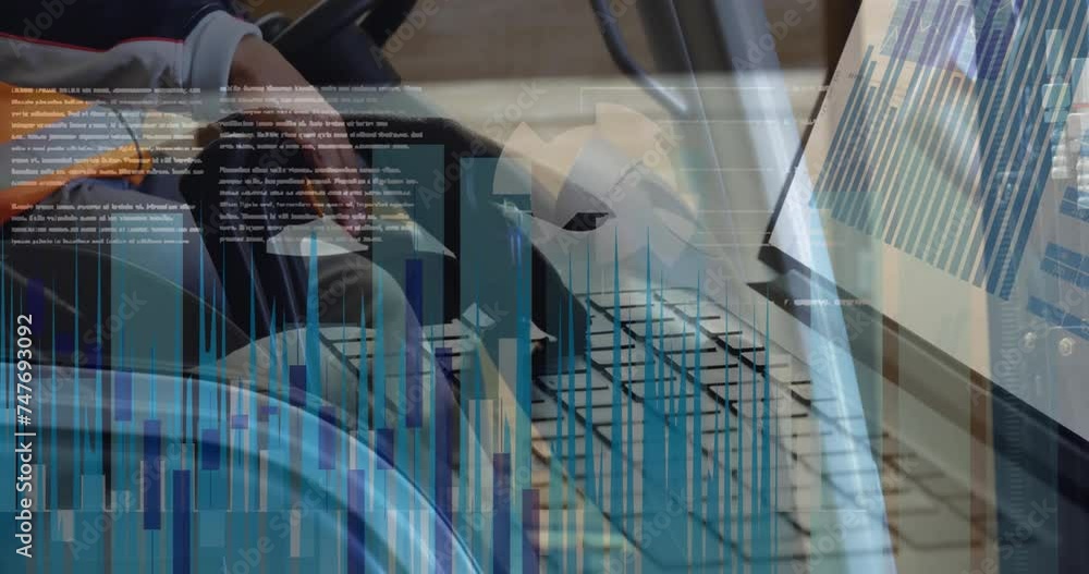 Poster animation of data processing over man in forklift working in warehouse