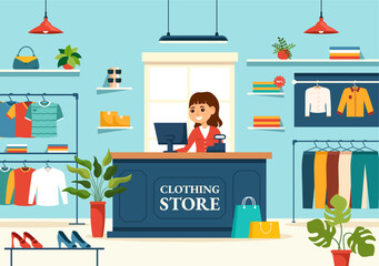 Clothing Store Vector Illustration by Shopping for Clothes or Dresses for Fashion Styles Women or Men in Flat Cartoon Background Design