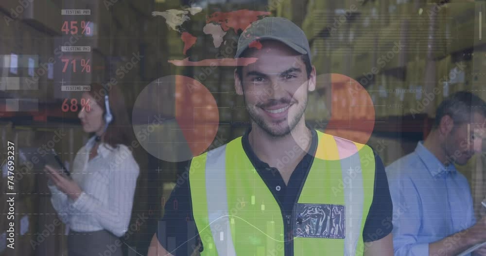 Poster animation of data processing over diverse people working in warehouse