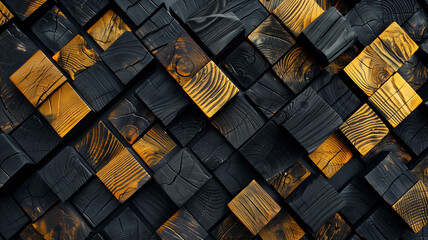 black and gold textured  wood block background, square paste random top view for Abstract...