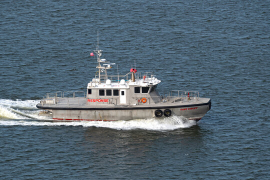Fort Riley, a U.S. Coast Guard-certified emergency response craft, on patrol into Charleston Harbor, SC, USA on February 28, 2024.