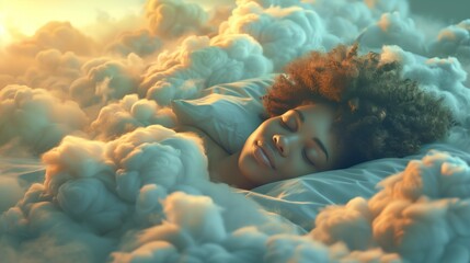 Photo of a beautiful black woman peacefully sleeping on the clouds, AI-generated image