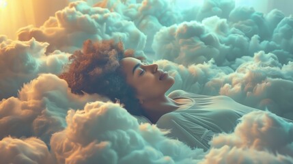 Photo of a beautiful black woman peacefully sleeping on the clouds, AI-generated image - obrazy, fototapety, plakaty