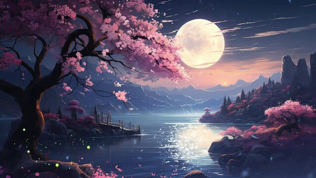 Cherry blossoms by Blue lake, Golden Moon backdrop, anime scenery