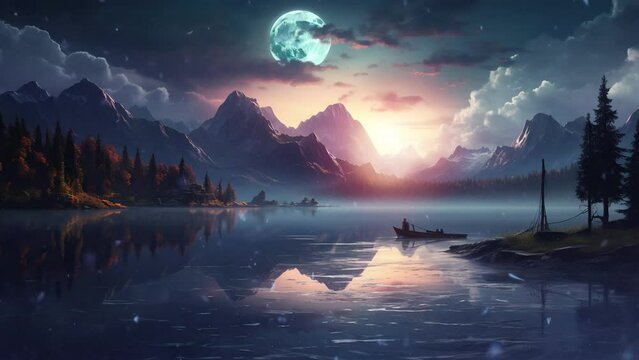 Misty blue lake under Golden Moon, anime night scenery