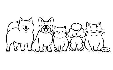 笑顔で笑う犬猫のおすわりしているかわいい全身のペットイラストセット_モノトーン