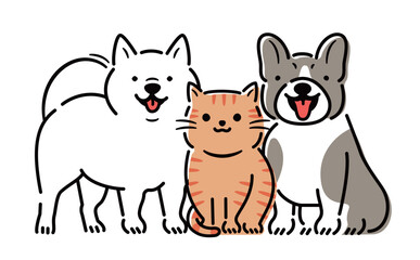 Obraz premium 笑顔で笑う犬猫のおすわりしているかわいい全身のペットイラストセット_白バック