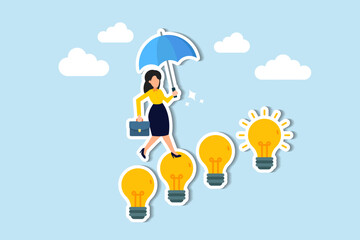 Career success through business acumen, creativity, female leadership, and career growth achievements concept, smart businesswoman walking on innovative light bulb idea lamp as stairway to success.
