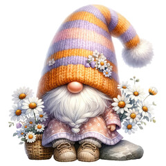 Gnome with Daisies and Striped Hat.