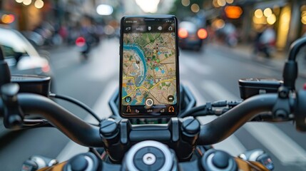 mobile phone attached to a motorcycle, maps navigation  