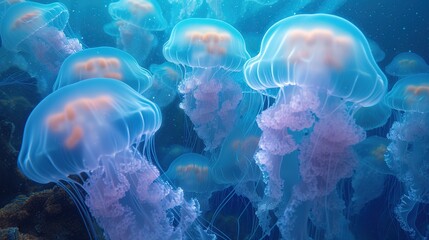Blue Translucent Jellyfish swimming in the ocean. 3d rendering