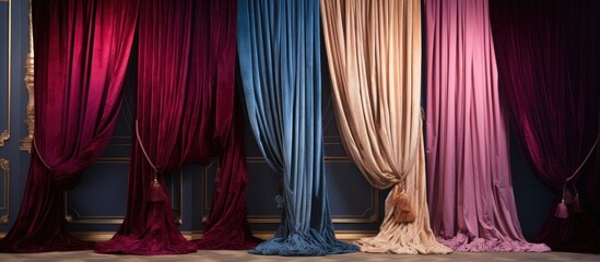 A row of luxury silk velvet curtains in various colors hang elegantly in a room, creating a vibrant and diverse window treatment.