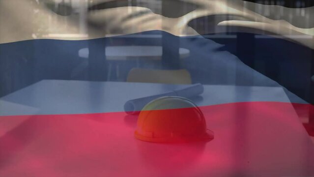 Animation of flag of russia over hard hat and architect's blueprints on table - Powered by Adobe