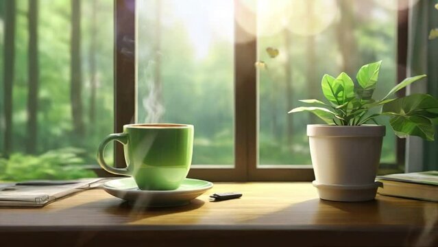 Animated illustration a green cup of coffee on the table at morning. Background motion, seamless animated background.