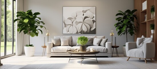A contemporary living room featuring grey sofas, a coffee table with a flower vase, and numerous houseplants adding a touch of greenery to the space.