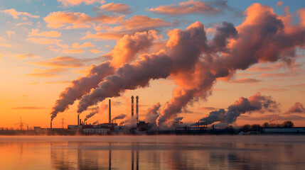 Exhaust smoke emitted from industrial factory pipes, concept of air pollution and social problems.
