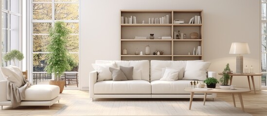 Fototapeta na wymiar A modern living room filled with furniture including a sofa and a large window. The room is designed in a Scandinavian style with a white color palette.