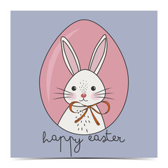 Beautiful Easter greeting card, cover, poster, label, flyer, banner with a pink egg decorated with a cute bunny drawing