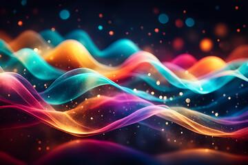multicolor waves with bokeh light effects with magic poly background HD, high contrast, professional photography, high detail, realistic, Mysterious, strong vibrant lights, clean lines, particle light - obrazy, fototapety, plakaty