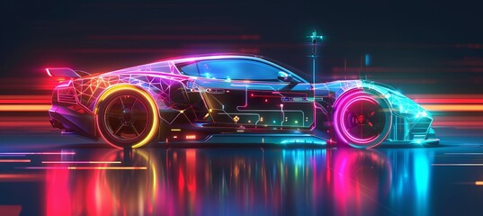 Colorful glowing sport car. Generative AI technology.
