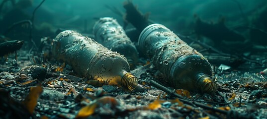 Bottle water waster underwater. Environment waste polluted damage. Generative AI technology.