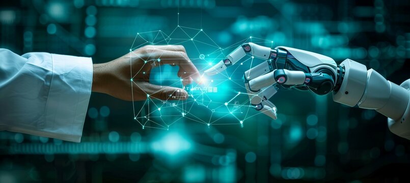 Human scientist and robot hands touch with glowing digital network technology element. Science and artificial intelligence concept. Generative AI technology.