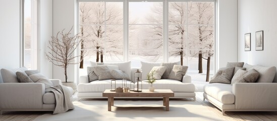A white living room filled with furniture including a sofa, coffee table, and chairs. A large window lets in natural light, illuminating the Scandinavian interior design.