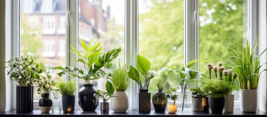 Small houseplants with decorative pots arranged neatly in a row on a black window sill inside a contemporary living room, overlooking other houses.