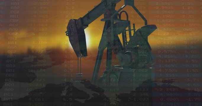 Animation of financial data processing over oil rig and sunset