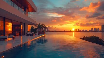 Miami Beach  View of Patio deck with view of infinity pool and bay. Afternoon shot of a luxury home

