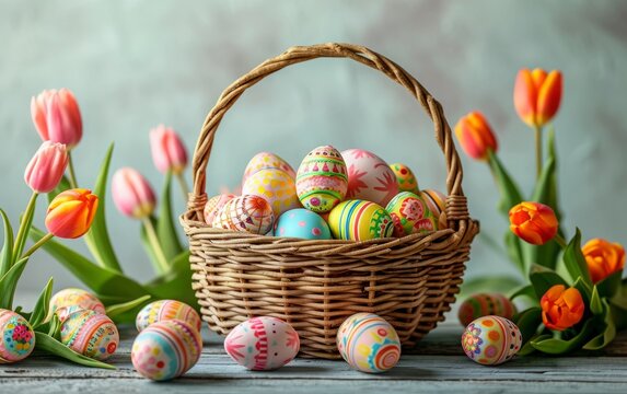 Tulips and Colorful Easter Eggs in a Wicker Basket