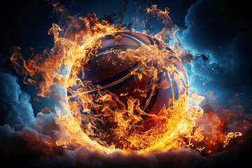 burning basketball ball on fire is flying on black blue background. Sport burn element concept
