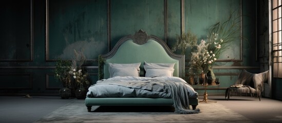 A bed is positioned in a bedroom, standing next to a window. The room has a background with a gray-green interior, providing a serene setting.